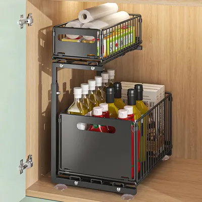 Produktbild von Ausziehbarer Küchenschrank Organizer - Unter Spüle Regal - Erweiterbare Stahl Aufbewahrungsschublade - Gewürzregal - 1 Set