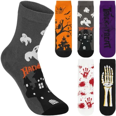 Image de BRUBAKER 5 paires de chaussettes d'Halloween - Chaussettes d'automne amusantes avec squelette, sang & fantôme - Set de chaussettes pour femmes & hommes en orange, violet & noir, 36-40