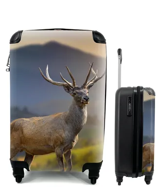 Produktbild von MuchoWow® Koffer Handgepäck Trolley Rollkoffer Kleine Reisekoffer mit 4 Rollen - Hirsche - Berg - Gras - Sonnenuntergang - Tiere - Natur - Cabin Size < 55x40x23 cm & 55x40x20 cm - Fotokoffer - Kabinenkoffer - Boardgepäck - Reise-Box - Reisekoffer - Reisegepäck - Koffer mit Bild - Trolley für Kinder