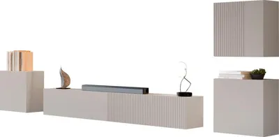 A set of modular furniture pieces for a living room, including a media console, a wall-mounted cabinet, and a side cabinet.