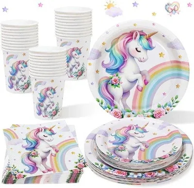 Produktbild von Servies Set für 25 Gäste mit Einhorn Geburtstagsdekorationen - 100 Stück - Mädchen Party - Baby-Shower & Geburtstagsdekorationen