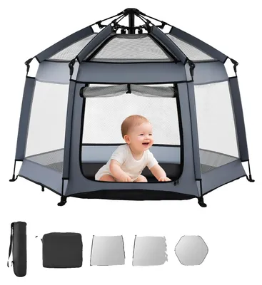 Produktbild von VEVOR Babyspielplatz, Pop-Up Kleinkindspielplatz mit Sonnendach, tragbarer Spielbereich für drinnen und draußen für Babys und Kleinkinder mit UPF 50+ Sonnenschutz und Reisetasche für Zuhause, Park, Strand, faltbar und leicht, Pop-Up, 1500-2500 sq in