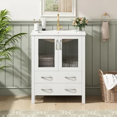 Immagine prodotto di Mobile sottolavabo Merax da 61 cm con ante in vetro smerigliato, mobile da bagno con lavabo in Vetroceramica, mobile lavabo con 2 cassetti, bianco lucido