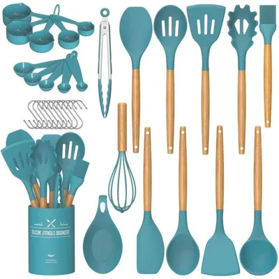 Immagine prodotto di Set di utensili da cucina, 33 pezzi, colore blu, in silicone antiaderente, con supporto, manico in legno, resistente al calore