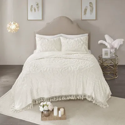 Baumwoll-Chenille-Tagesdecke mit Quasten, Medaillon, Full/Queen, Elfenbein