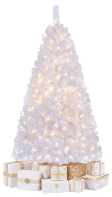 Zdjęcie produktu dla Sztuczne drzewko świąteczne COSTWAY z efektem śniegu, wysokość 150 cm, choinka z 160 ciepłymi, białymi diodami LED, 8 trybów oświetlenia, 474 gałązek i biała podstawa