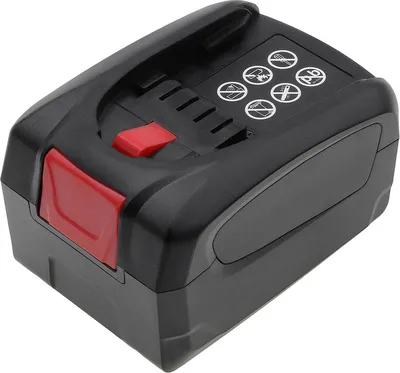 A black and red battery pack for a power tool.