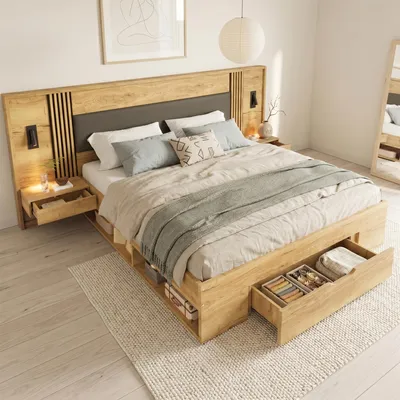 Obrázok produktu pre Dvojlôžko Merax 180 x 200 cm vrátane matraca, so zásuvkami a lampičkami na čítanie, drevená posteľ s 2 nočnými stolíkmi, detská posteľ s čelom zPolyuretána roštom, prírodná farba
