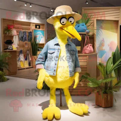 Produktbild von Zitronengelber REDBROKOLY Flamingo Maskottchen Kostüm charakter bekleidet mit Jeans und Hüten