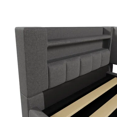 Produktbild von Flieks Hydraulisches Polsterbett 90x200cm mit Led, Tagesbett Schlafsofa mit Ladeanschlüssen, Daybed Stauraumbett Einzelbett mit Ablagen, Leinen, Grau
