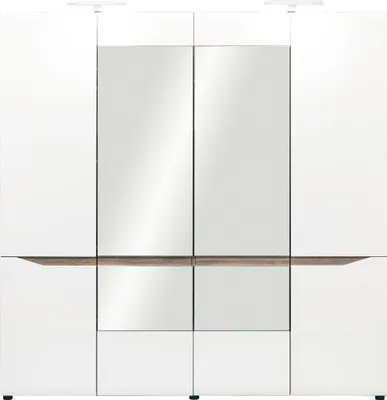 Productafbeelding van Furniture24 Kleerkast LIONEL LI10, kast 198 cm, met 2 kledingstangen, draaideuren, spiegel, Sonoma eik/truffelkleur/wit glanzend