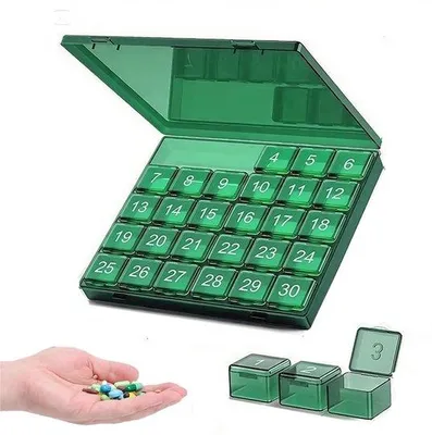 Imagen del producto de Caja para pastillas de 30 días - Dosificador mensual para pastillas - Con compartimentos extraíbles - Gran caja para pastillas, ideal para viajes, vitaminas y medicamentos - Color verde esmeralda