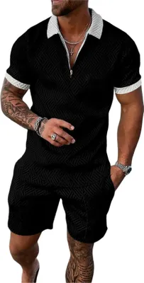 Produktbild von ASKSA Herren Sommer Trainingsanzug Polo Hemd Set Kurzarm T-Shirts und Shorts Outfit Freizeitanzug, Schwarz&Weisse, Groesse: M
