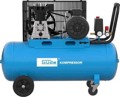 A blue air compressor is shown against a white background.