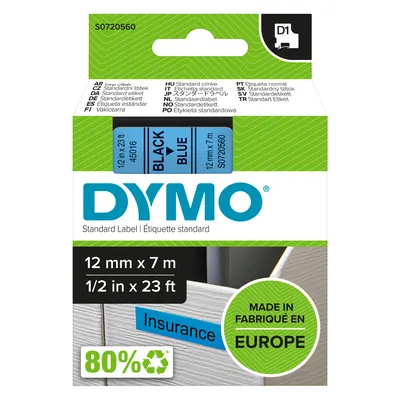 Produktbild von DYMO Original D1-Etikettenband | schwarz auf blau | 12 mm x 7 m | selbstklebendes Schriftband | für LabelManager-Beschriftungsgerät