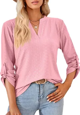 Image de ASKSA Chemisier Femme Col V Hauts unis Elégant Tunique Causale en vrac Tops, Rose, L