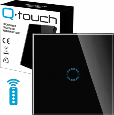 A black glass touch light switch with a blue illuminated circle, shown next to its packaging and a remote control icon.