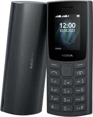 A dark gray Nokia mobile phone is shown next to its casing, with the phone's screen displaying the time and date.
