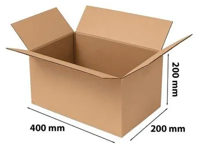 A brown cardboard box with dimensions indicated.
