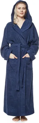 Produktbild von Bademantel Pandora für Damen mit Kapuze, extra lang, 100% Baumwolle, Farbe:Marine, Größe:XL