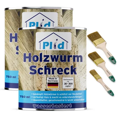 Produktbild von Plid Holzwurm-Schreck farblos 1,5l + Pinselset 3-tlg. / Effektiver Holzschutz Innen & Außen / Holzpflege