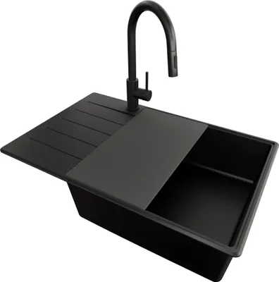 Produktbild von PRIMAGRAN Granitspüle Alles Schwarz 78x50cm, Spülbecken 1 Becken + Ablauf-Set + Küchenzubehörset, Küchenspüle ab 60er Unterschrank - Kopenhagen