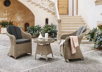 Produktbild von Destiny Balkonset MALAGA 2 Sessel + Tisch Ø60x55cm, natur meliert