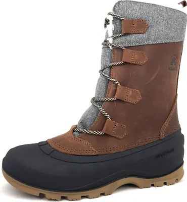 A single brown winter boot is shown against a white background.
