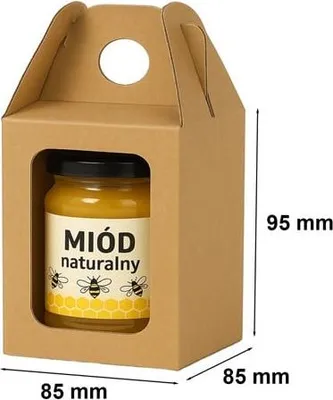 Obrázek produktu pro Kartonový výsek Kartonová krabička s okénkem 85x85x95mm na 1 sklenici medu F217
