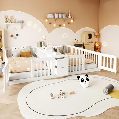 Produktbild von okwish Doppelbett 90×200 mit einer Matratze und Schublade, Kinderbett mit offenen Fächern und Sicherheitsgeländer, Holzbett in Weiß