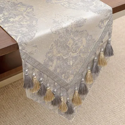 Immagine prodotto di Runner da tavolo con frange, tessuto jacquard, 33x228 cm, color beige