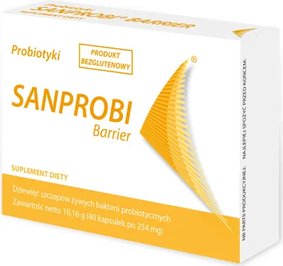 A product box for SANPROBI BARRIER probiotics.