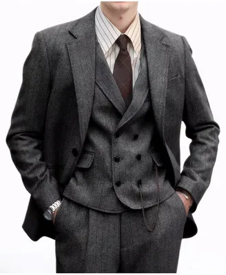Produktbild von Herrenanzug aus Tweed, Fischgrätenmuster, 3-teilig, formelle 2-Knopf-Wolljacke,