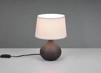 Produktbild von LED Tischlampe mit Keramikfuß Braun & Stoffschirm Beige, Nachttischlampe H: 29cm