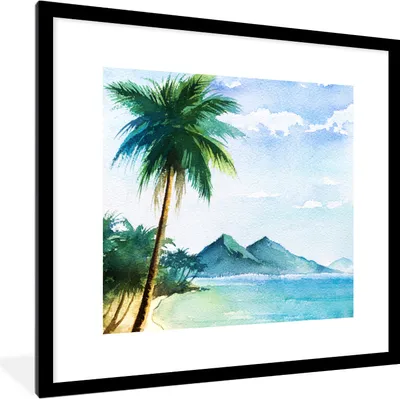 Produktbild von MuchoWow® MuchoWow® Gerahmtes Poster Aquarell - Meer - Palme 40x40 cm - Poster mit zchwarzem Bilderrahmen - Poster - Plakat im Rahmen