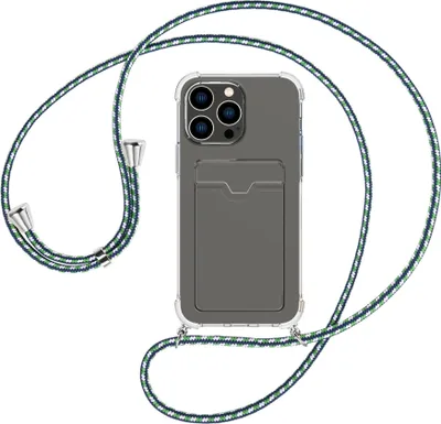 Produktbild von Handykette Backcover-Schutzhülle mit Band (Metall silberfarben) für Apple iPhone 15 Pro Max - grün/blau/weiß