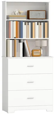 Productafbeelding van Boekenkast, hoge kast, vitrinekast met 3 lades, 3 open planken, voor woonkamer, keuken, 79x39,5x180 cm, wit