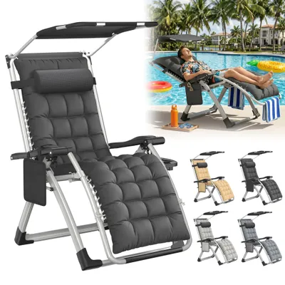 Image de Chaise longue YARDIN rembourrée avec pare-soleil, inclinable de 90 à 170°, pliable, structure en acier thermolaqué, charge maximale de 160 kg, avec coussin de tête, porte-boisson et poche, couleur grise