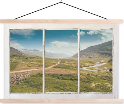 Produktbild von MuchoWow® Textilposter Aussicht - Weg - Berg 120x80 cm mit holzfarbenen Rahmen - Aufhängeset