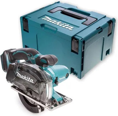A cordless circular saw and its storage case are shown against a white background.