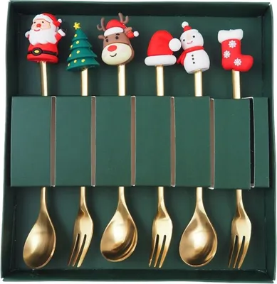 Image de Set de cuillères avec figurines de Noël, 6 pièces dans une boîte, or 16,8 x 2,9 cm lyz6.