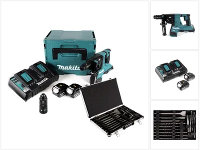Produktbild von Makita DHR 281 PMJ Akku Bohrhammer 2x18V 2,8J brushless SDS plus + Schnellwechselfutter + 2x Akku 4,0 Ah + Doppelladegerät + 17tlg. Bohrer und Meißel Set + Makpac