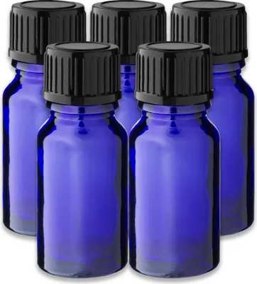 Produktbild von 5x Blaue Glasflasche 10 ml mit schwarzem PP-Schraubverschluss Kappe