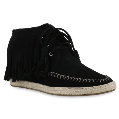 Produktbild von VAN HILL Damen Mokassins Stiefeletten Fransen Schnürer Bast Schnür-Schuhe 840799, Farbe: Schwarz, Größe: 38