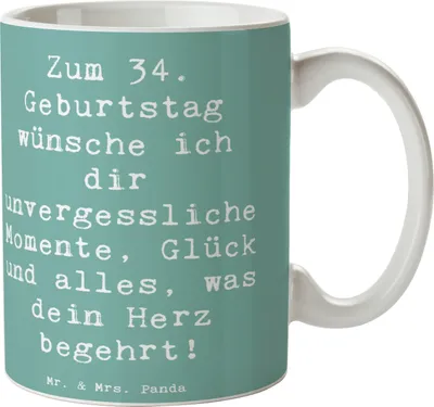 Produktbild von Mr. & Mrs. Panda Trinkbecher Spruch 34. Geburtstag Glückwünsche - Meeresbrise - Geschenk, Tasse, Pott, Beste Wünsche, Teetasse, Becher, Bedruckte, haferl, Happy Birthday