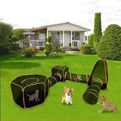 Productafbeelding van Buitenkattenhuis 6-in-1, draagbaar, met kattenhuis en tunnel, geschikt voor katten en kleine dieren