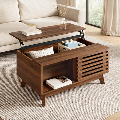 Produktbild von MODFU Retro Couchtisch mit verschiebbare Jalousietür Beistelltisch mit Stauraum höhenverstellbare Tischplatte multifunktionaler Sofatisch Nussbaum