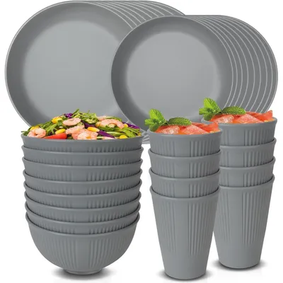 Immagine prodotto di Set di stoviglie da 32 pezzi per 8 persone, in plastica, colore grigio, composto da: 16 piatti, 8 ciotole, 8 tazze