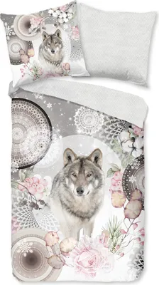 A duvet cover and pillowcase set with a wolf and mandala design.
