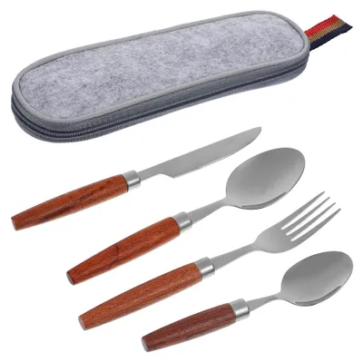 Produktbild von Edelstahl Besteckset für Outdoor Camping 4-teilig mit Holzgriff